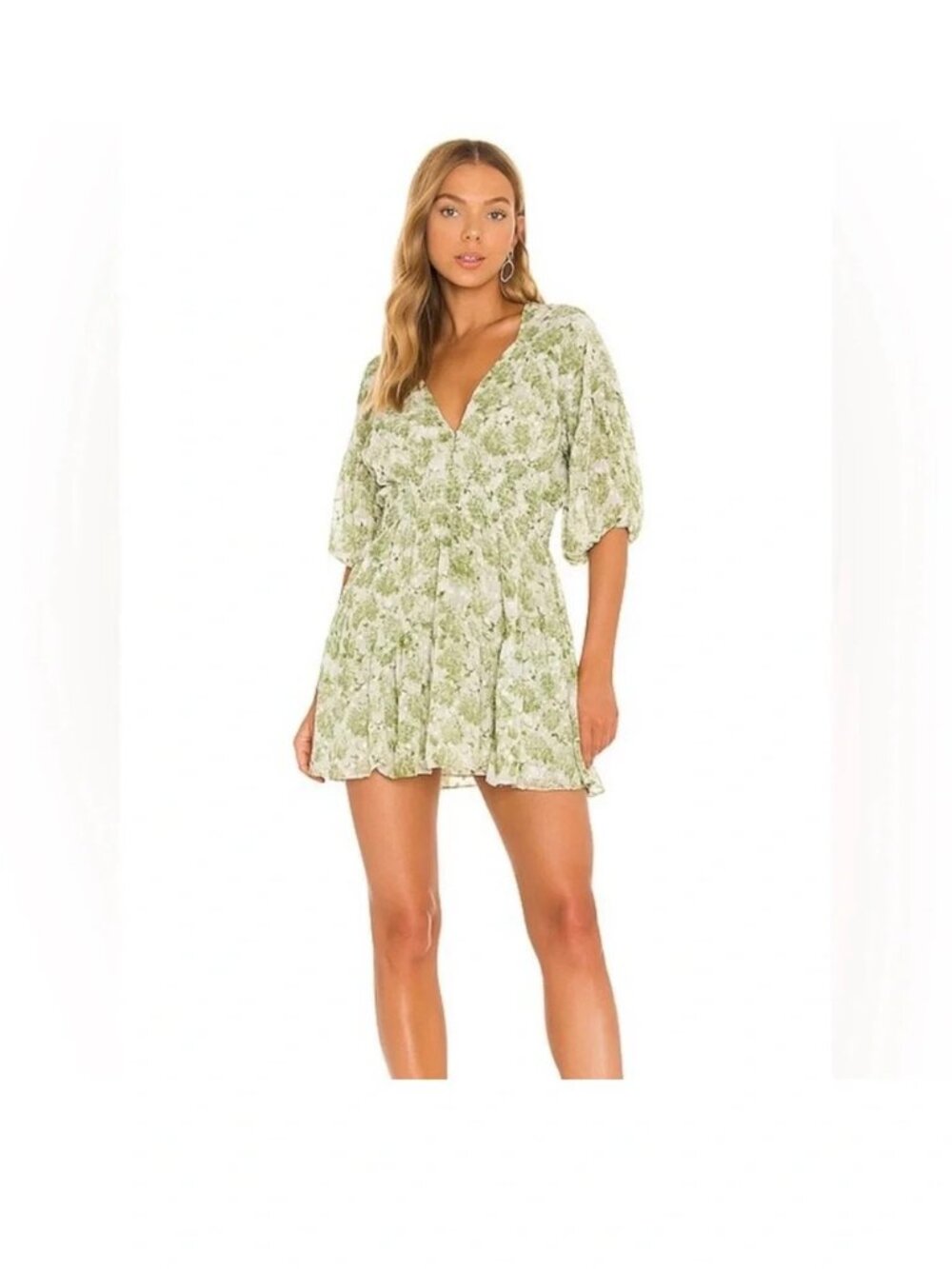Misa Green White Seven Floral Deep V Puff Sleeve Mini Dress